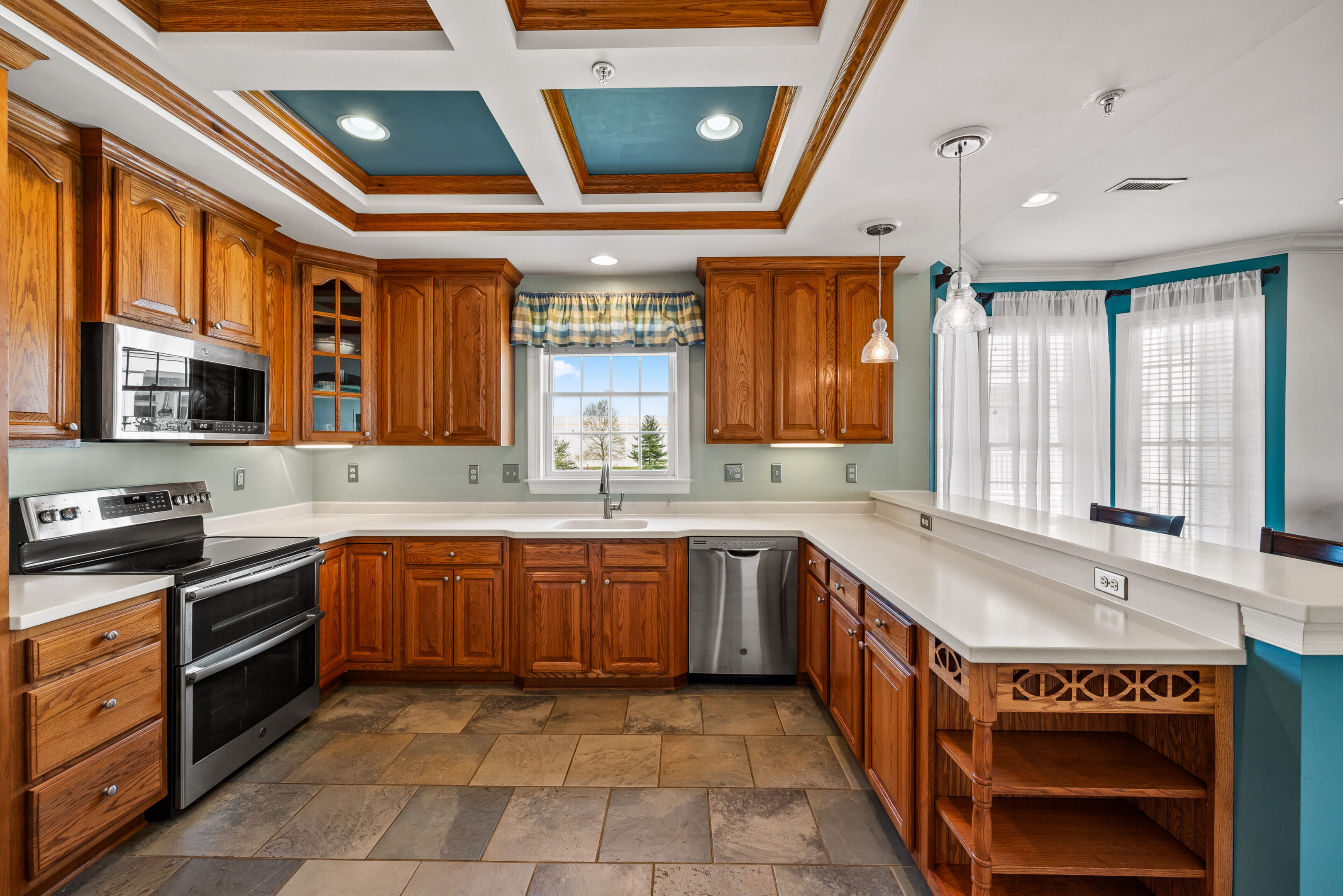 Modern kitchen featuring skylights