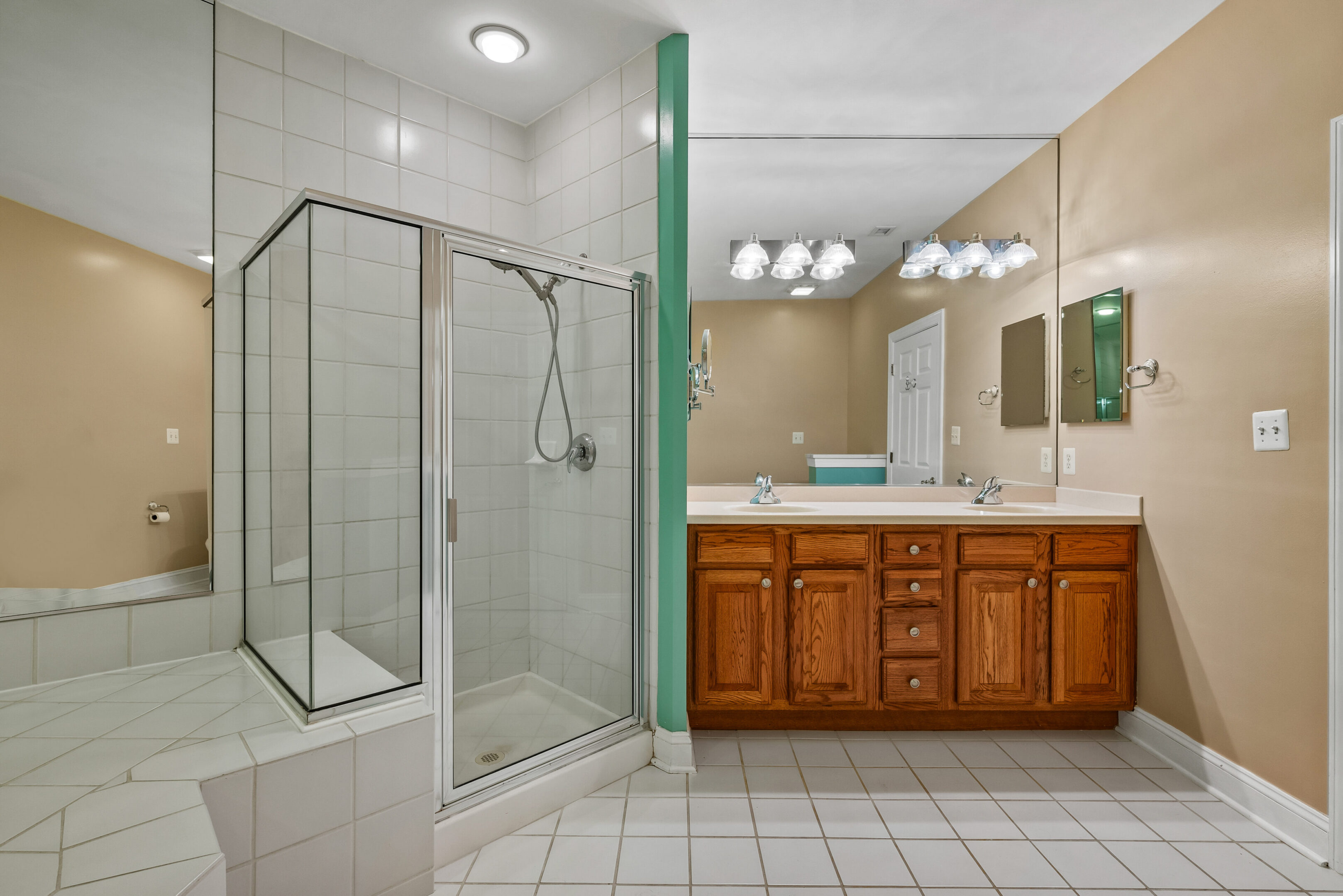 Dual-sink vanity in spacious bathroom